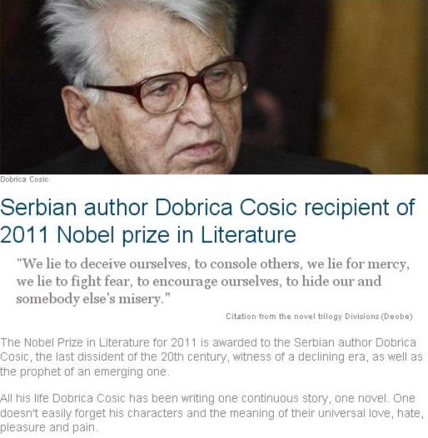 Dobrica Ćosić, lažna vijest o Nobelovoj nagradi Dobrica Ćosić, lažna vijest o Nobelovoj nagradi