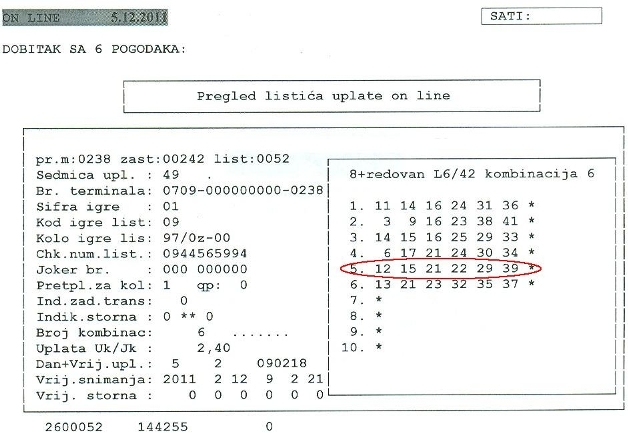 Dobitni listić Lutrija BiH loto Dobitni listić Lutrija BiH loto