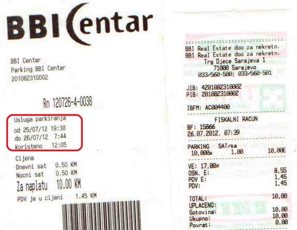 Račun za usluge parkiranja u BBI centru