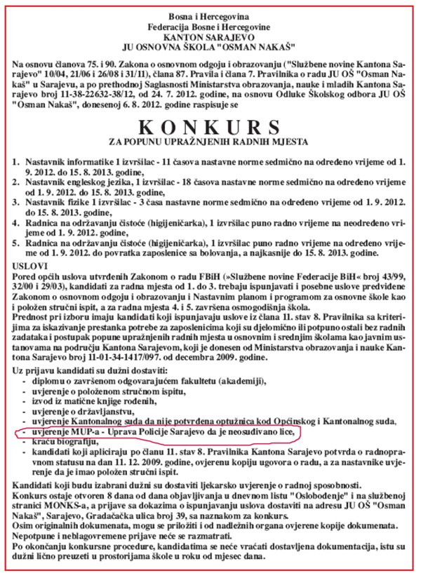 Konkurs u OŠ Osman Nakaš