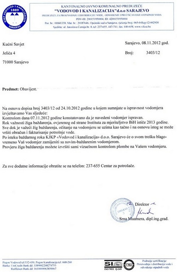 odgovor vodovoda stanarima jeliceve