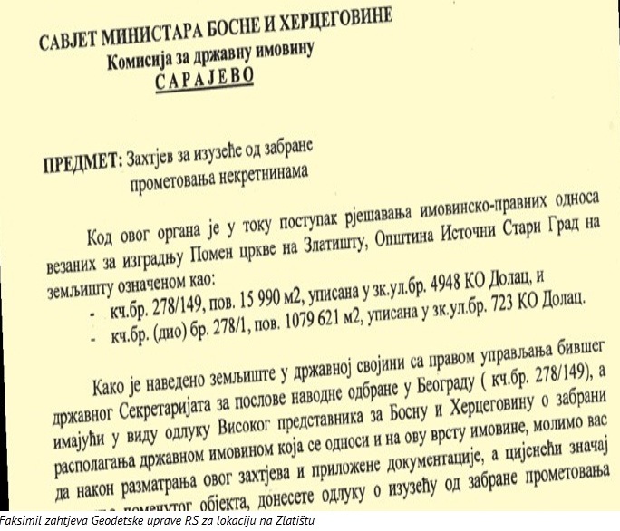 Faksmil zahtjeva za izgradnju crkve na Zlatištu Faksmil zahtjeva za izgradnju crkve na Zlatištu