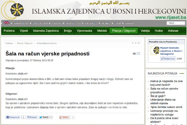 &scaron;ala na račun vjerske pripadnosti