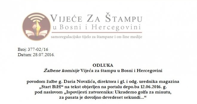 Odluka Žalbene komisije Vijeća za štampu u BiH