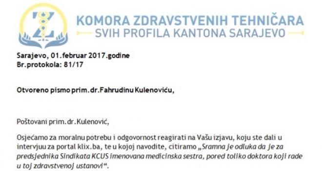 Otvoreno pismo dr. Fahrudinu Kulenoviću: Zar medicinska sestra ne može biti na čelu Sindikata KCUS-a?