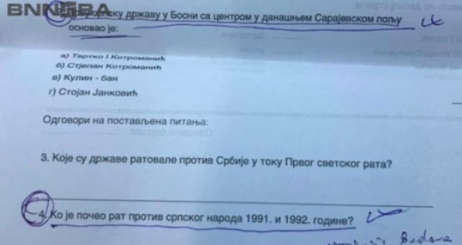 Na ovo pitanje odgovaraju djeca u školama RS-a: Ko je počeo rat protiv srpskog naroda 1991-1992?!