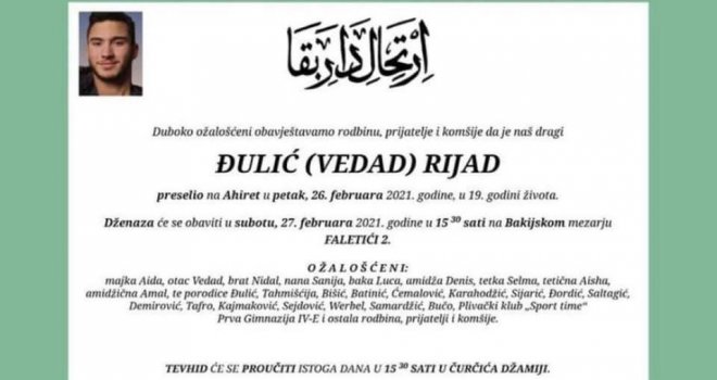 Preminuo maturant Prve gimnazije Rijad Đulić: Divni dječače neka ti je laka zemlja bosanska...