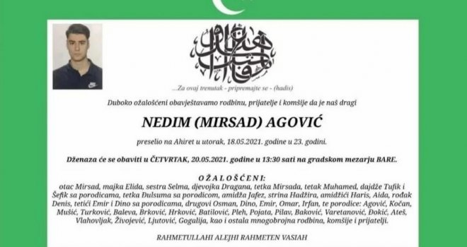 Sa 23 godine Nedim Agović napustio je ovaj svijet: Sestra se oprostila sa dvije riječi u koje je stala sva tuga i ljubav