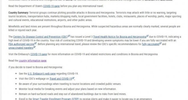 State Department izdao nova upozorenja za putovanje u BiH: Pojačajte oprez, terorističke grupe smišljaju napade