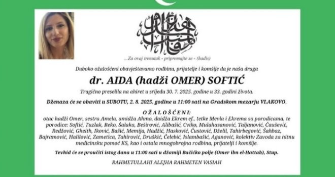 Poznat datum dženaze mladoj doktorici Aidi Softić