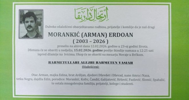 Poznat datum dženaze tragično stradalom Erdoanu Morankiću