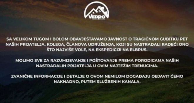 Bolna poruka planinarskog udruženja Vedro: Oprostili se od članocva stradalih na Elbrusu